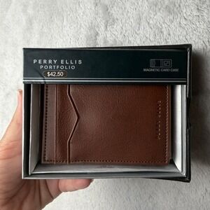 Perry Ellis Portfolio Magnetic Card Case Brown Genuine Leather Bifold Wallet Men
